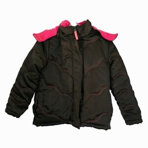 Girls Rothschild Puffer Coat sz S 7/8 Warm Pink Black Hood Fleece Lined EUC